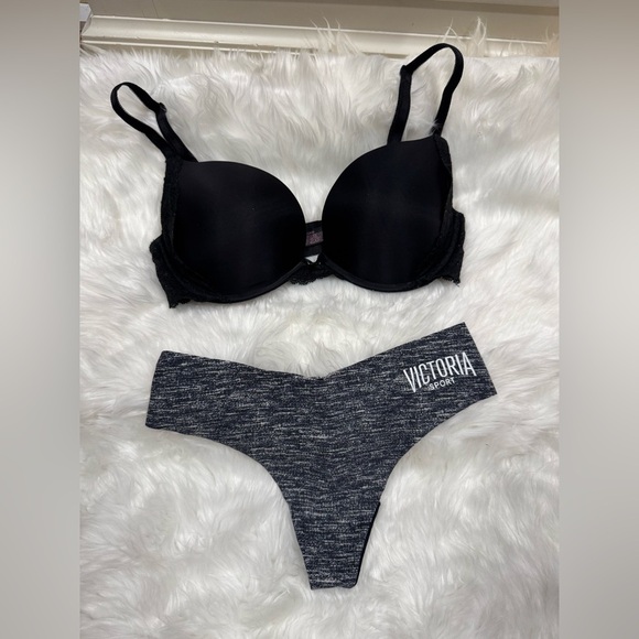 Victoria Secret Black Bra and Gray Thong Set - Picture 1 of 9
